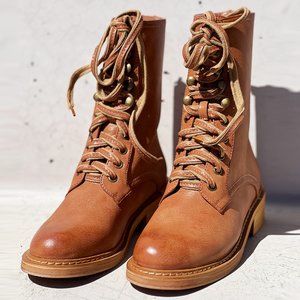 NEW Camel Brown Laced Up Zipper Back Wooden Heel Mid Calf Ankle Combat Boots